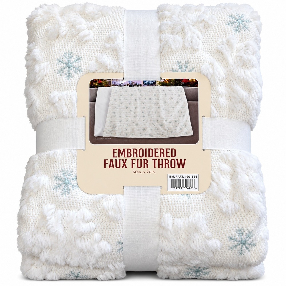 Costco Embroidered Faux Fur Throw Blanket Christmas Snowflakes 60inx70in NEW